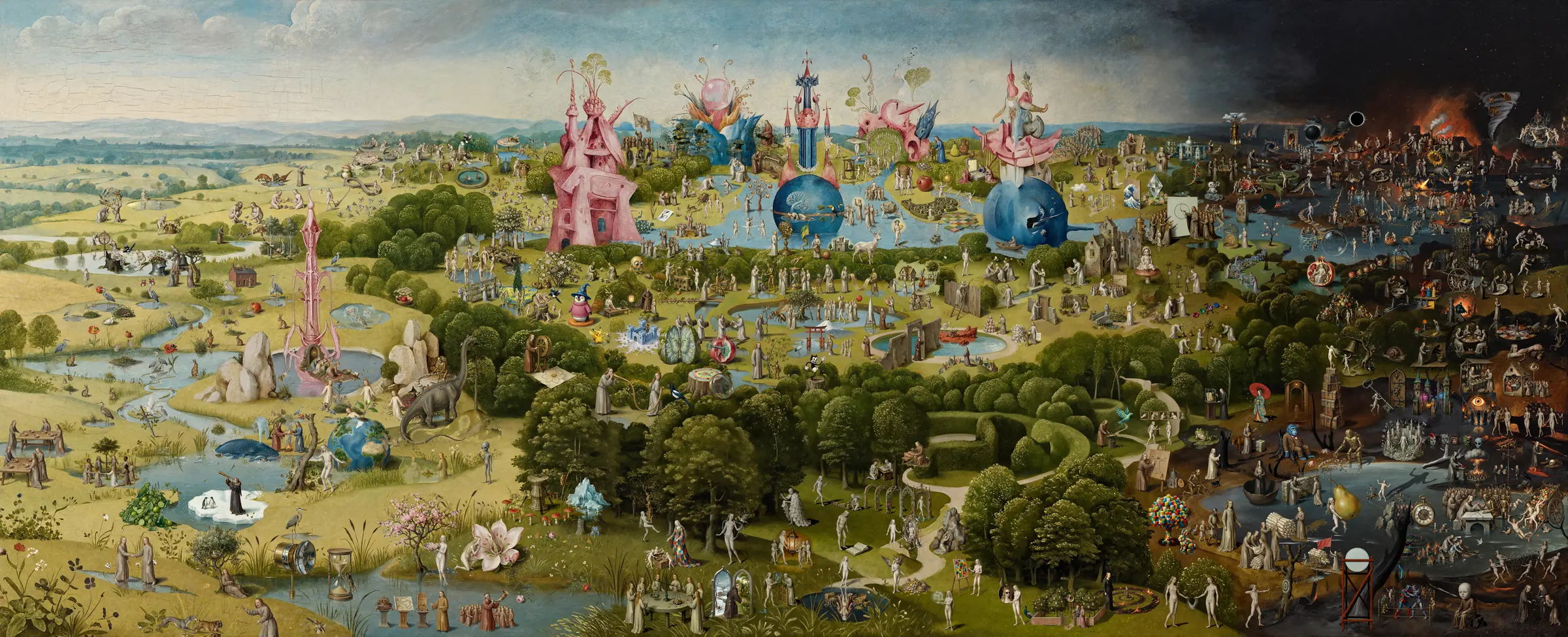 The whole mural: a Bosch-like landscape from a pale Eden on the left, through a crowded garden with pink towers and blue globes, to a dark burning Hell on the right, filled with hundreds of small scenes.